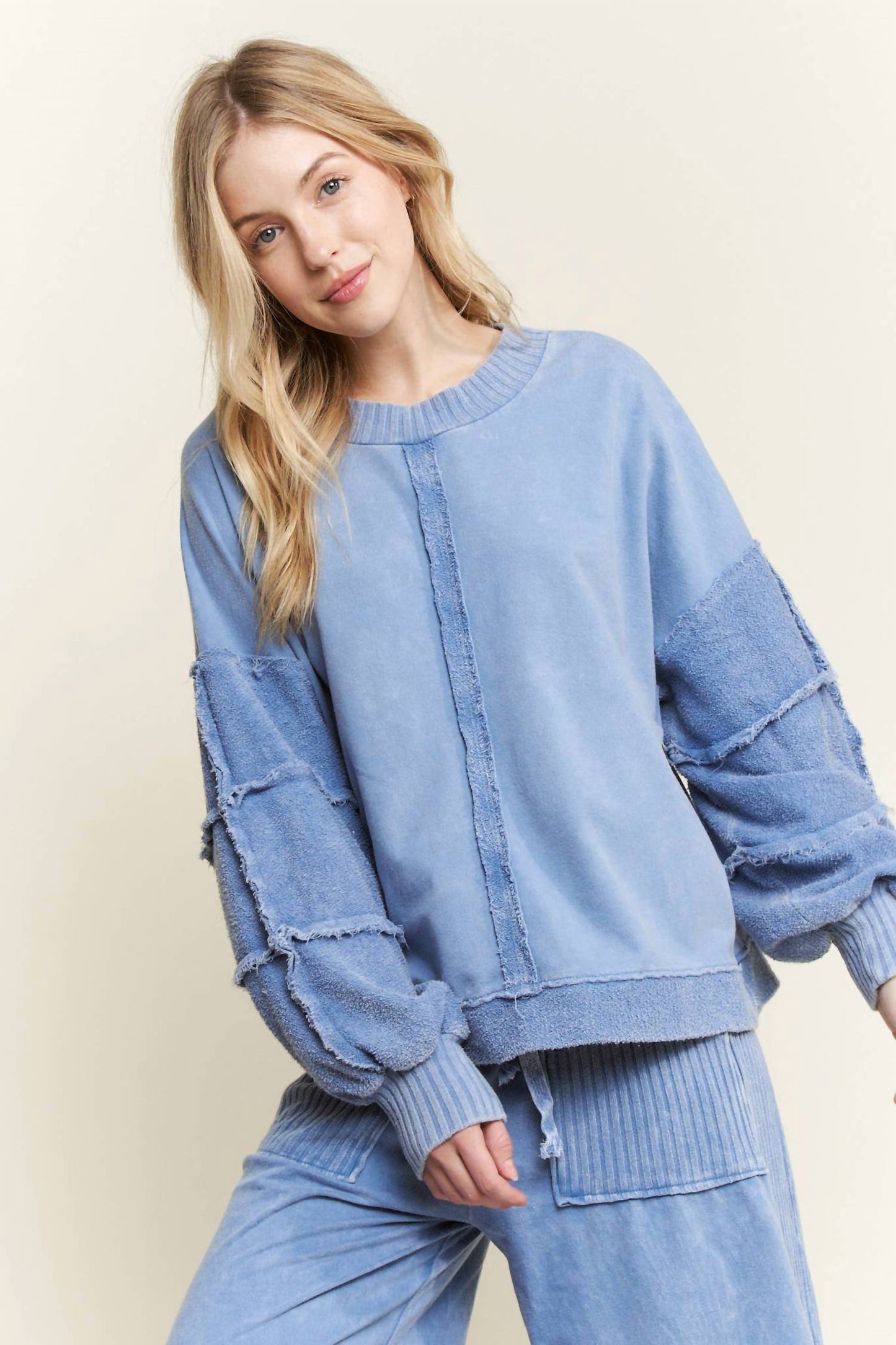 Mineral Washed Puff Long Sleeved Terry Sweatshirt Top