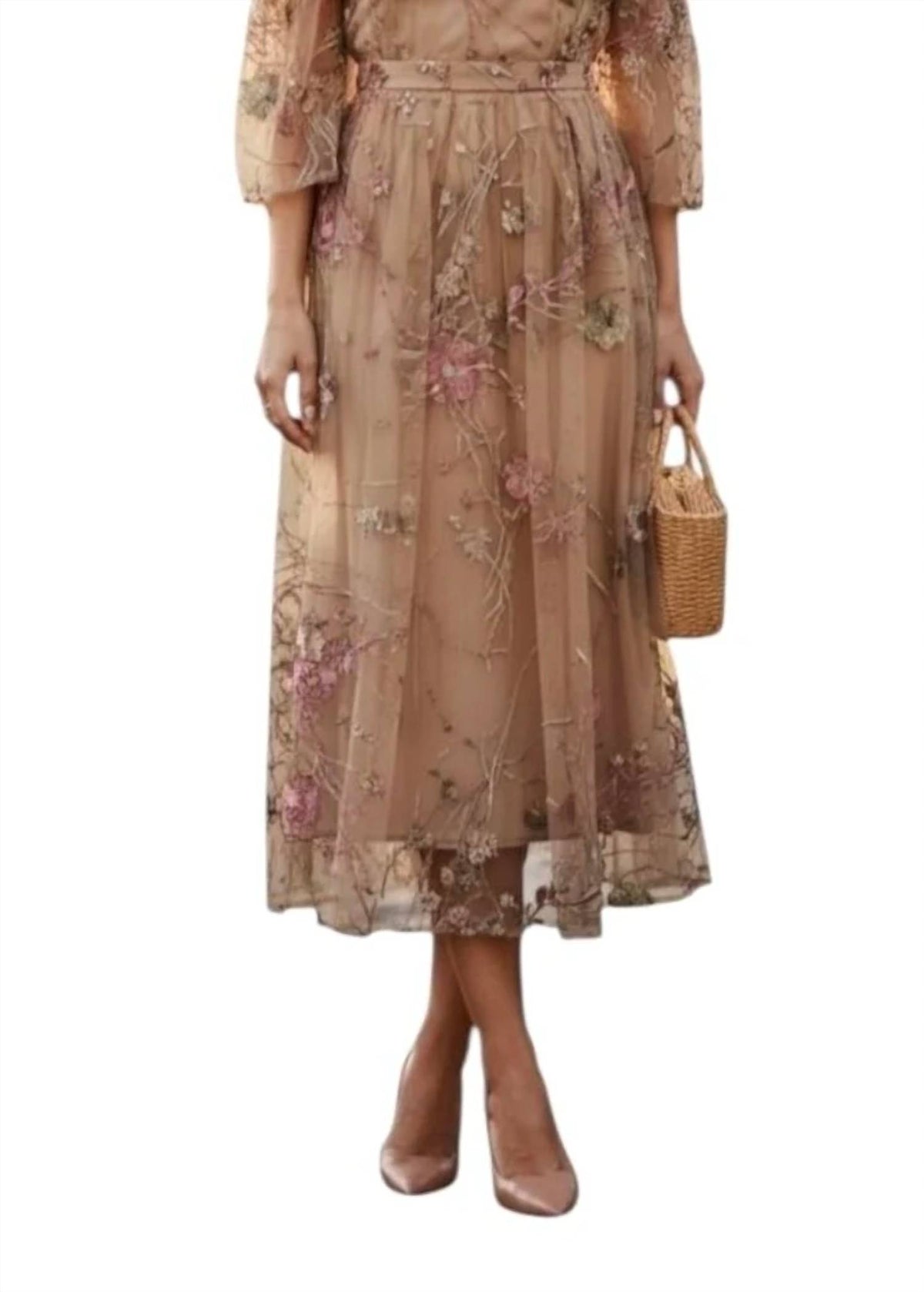 Sheer Floral Embroidered Midi Skirt