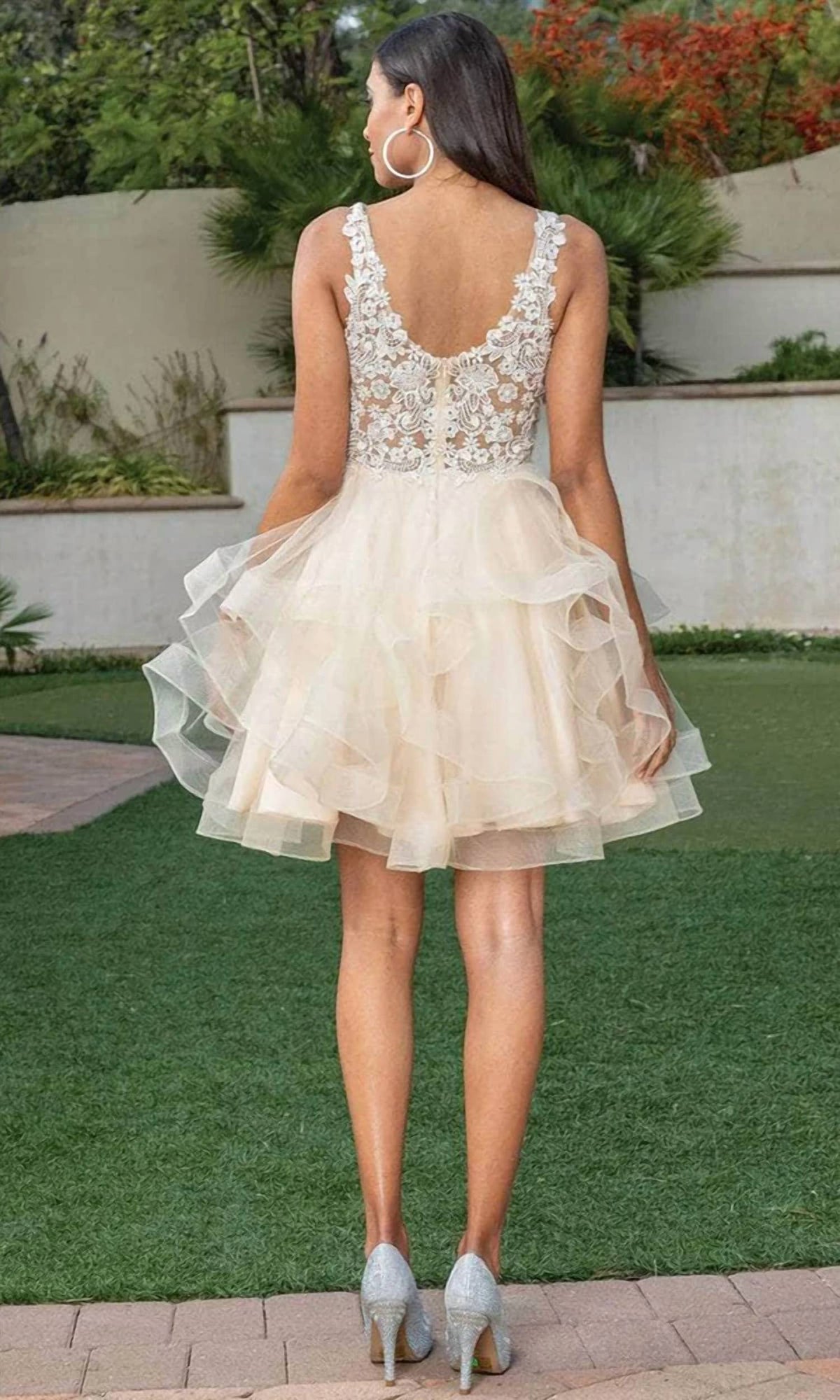 Lace V-neck Ruffled Cocktail Dress