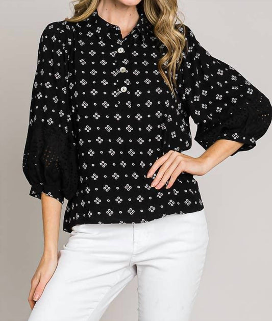 Bracelet Sleeve with Embroidered Eyelet Lace Trim Blouse