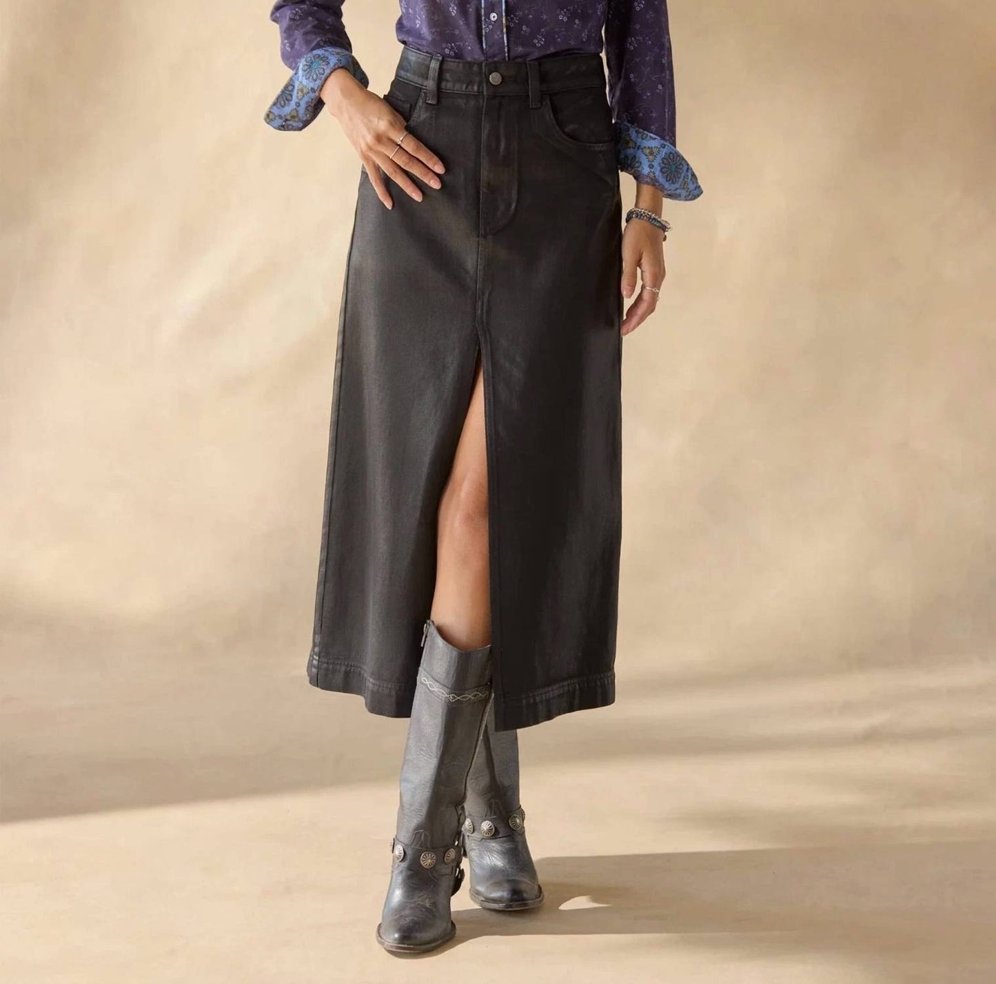 Stetten Coated Denim Midi Skirt