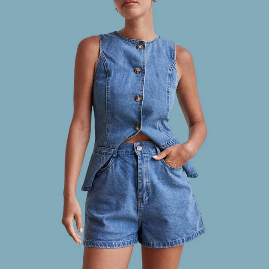 Soleil Buttoned Denim Vest And Shorts Set