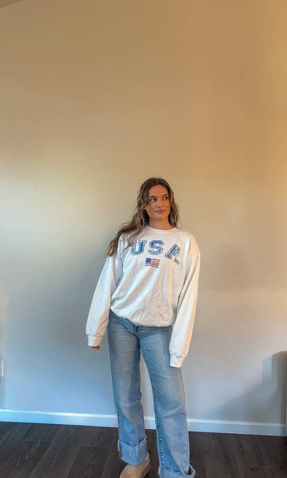 Washed Usa Flag Crewneck Sweatshirt