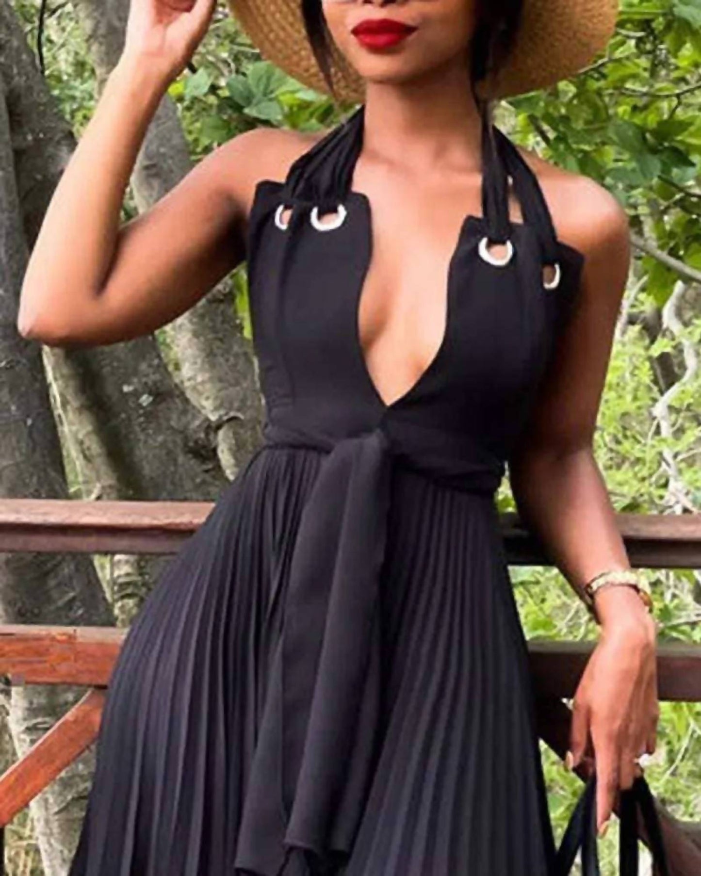 Halter pleated chiffon maxi dress