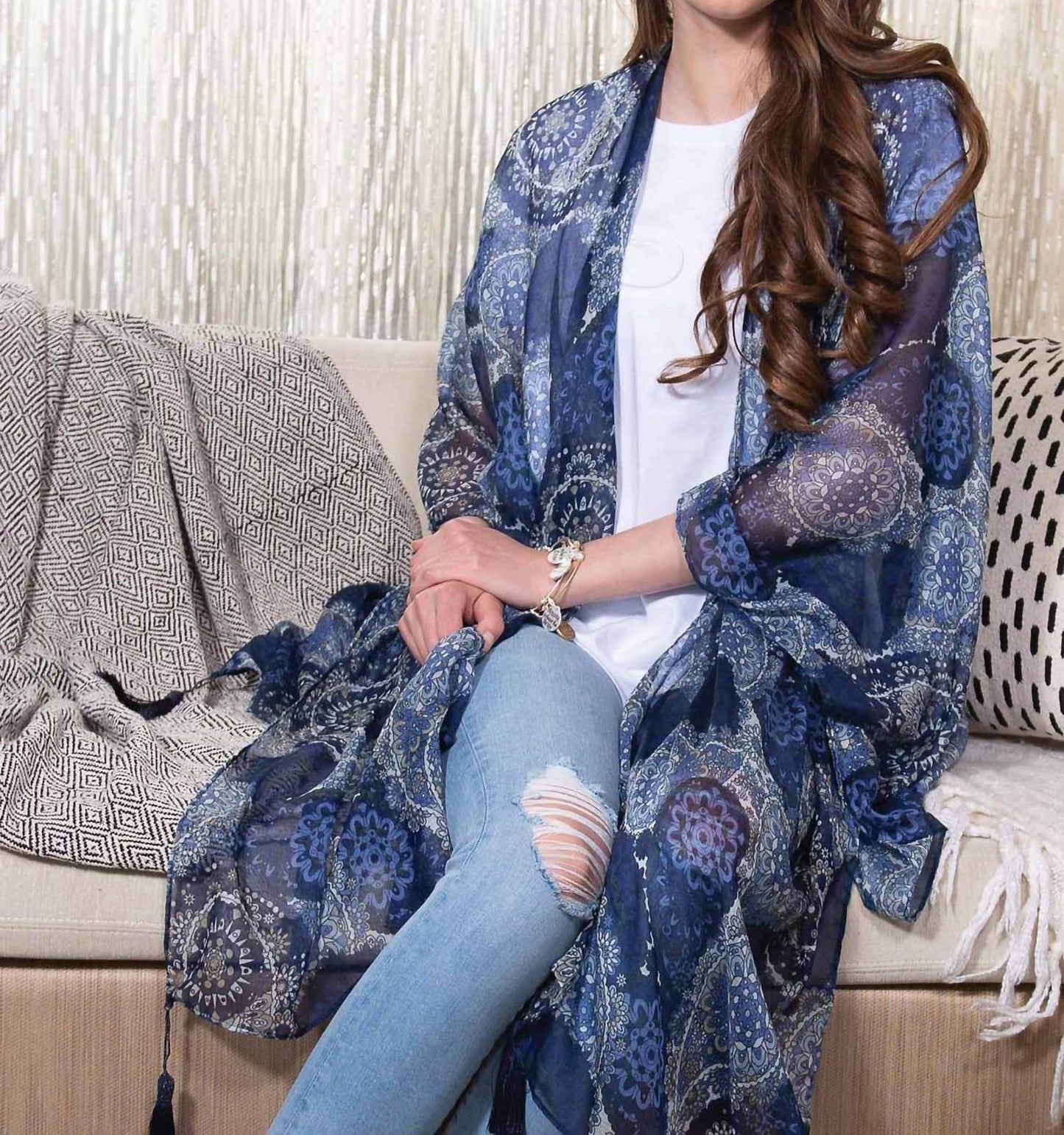 Amanda Blu - Printed Tasseled Ruana Wrap Kimono Floral - Rack Hunt -