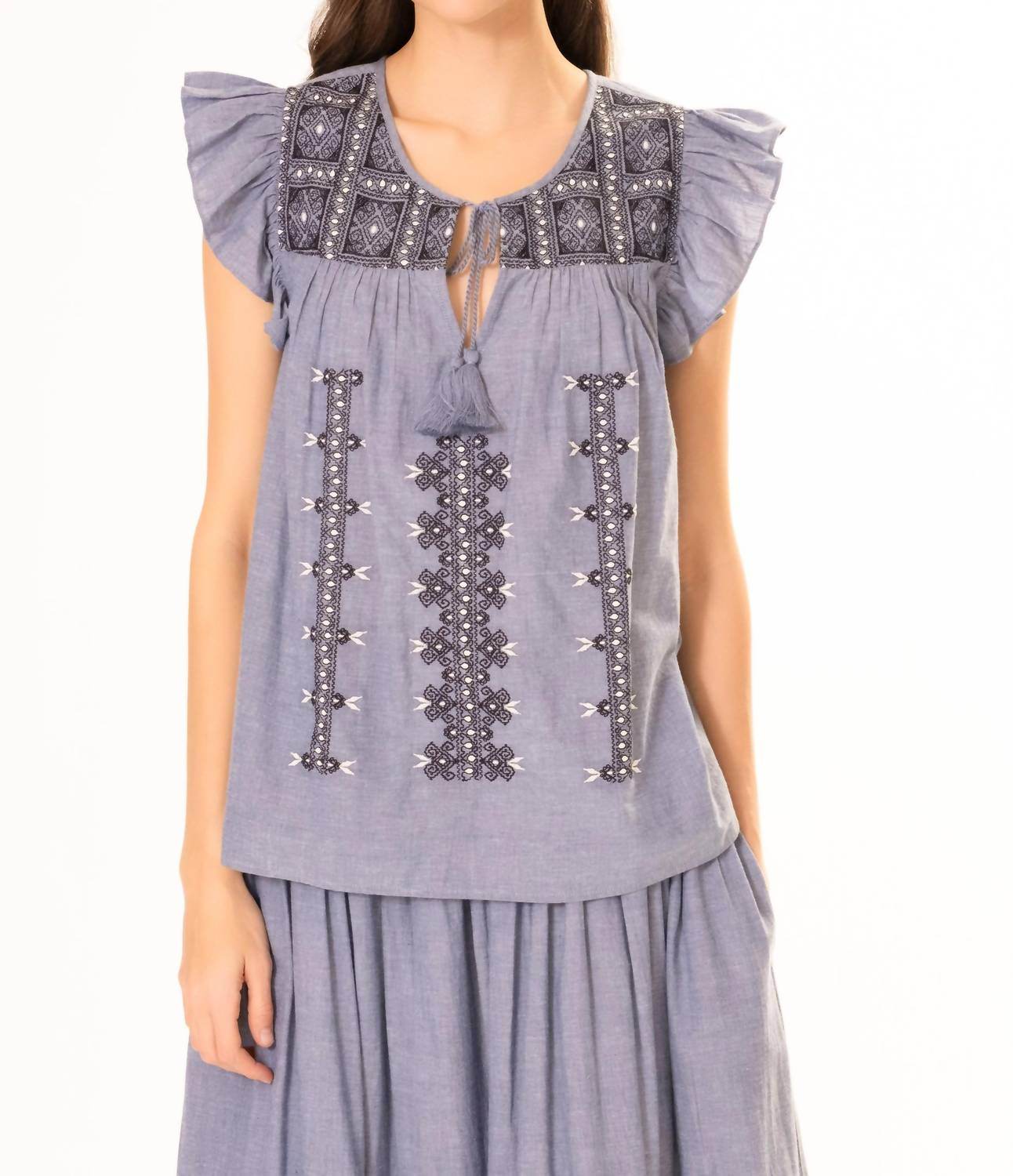 Area Stars - CHAMBRAY EMBROIDERED RUFFLE TOP - Rack Hunt