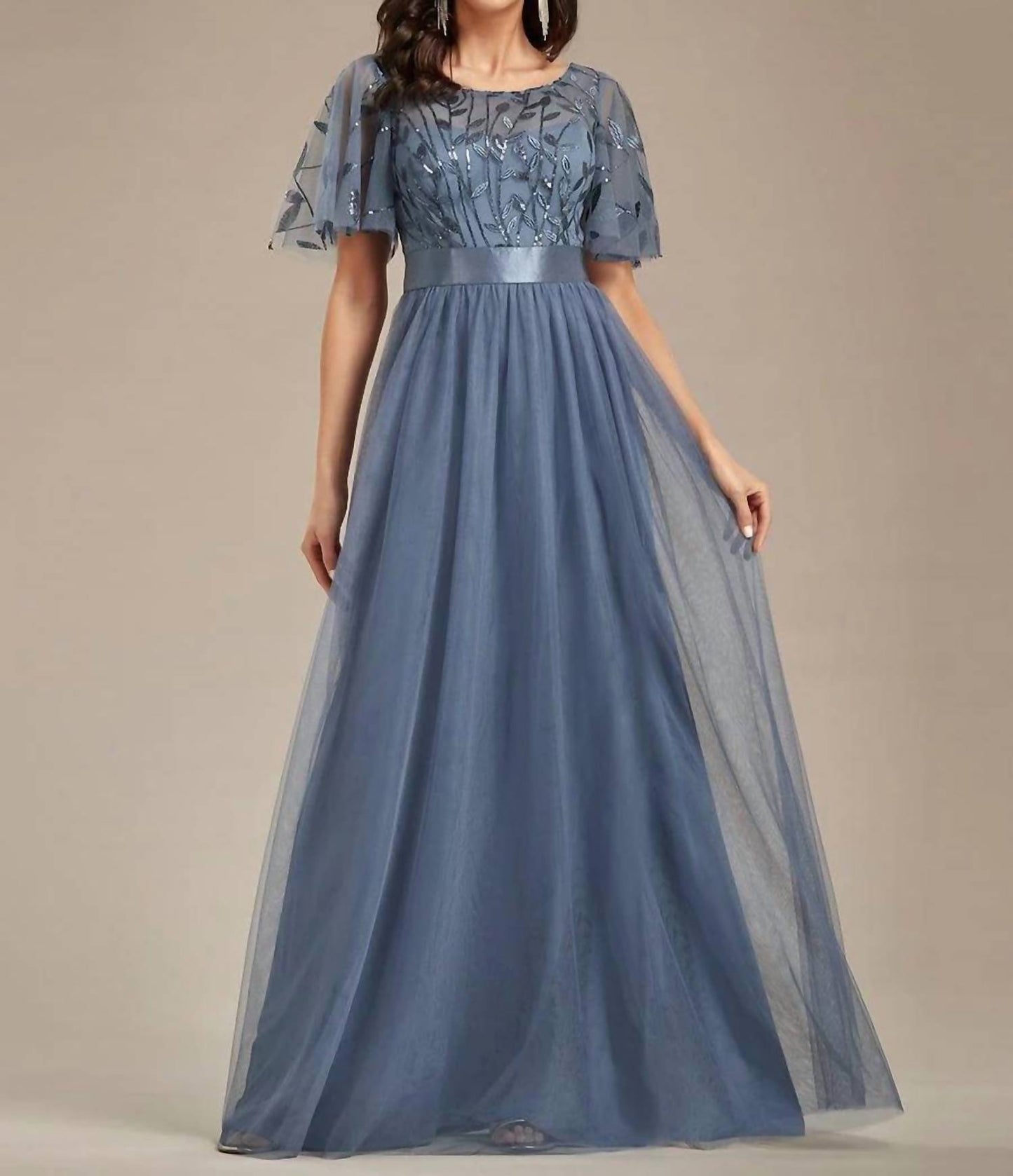 Sequin Bodice Empire Waist Maxi Prom Dress With Sleeves