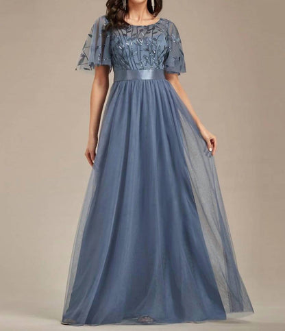 Sequin Bodice Empire Waist Maxi Prom Dress With Sleeves