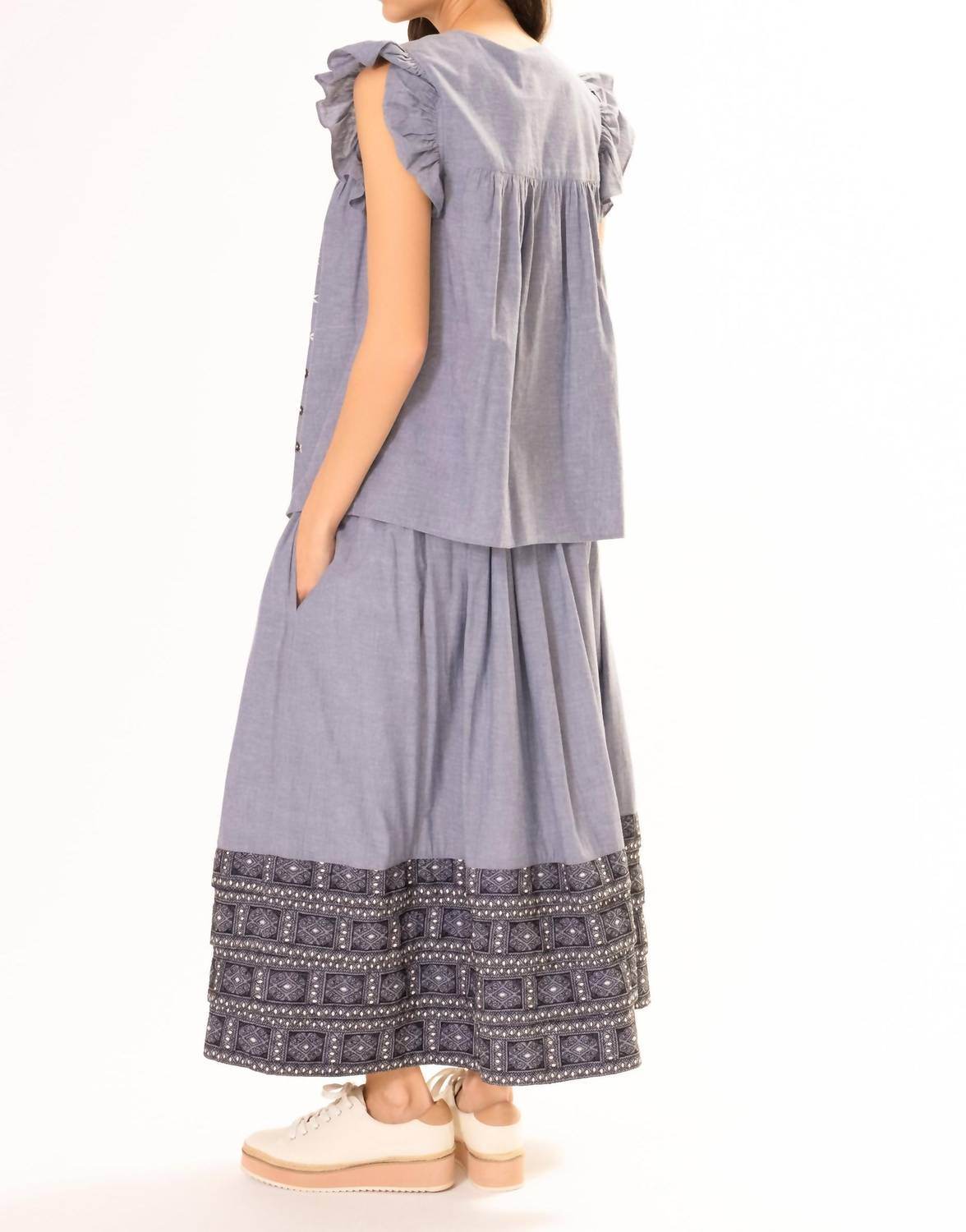 Area Stars - CHAMBRAY EMBROIDERED RUFFLE TOP - Rack Hunt