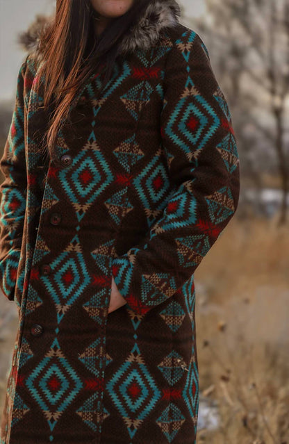 Long Aztec Jacket With Removable Fur Collar
