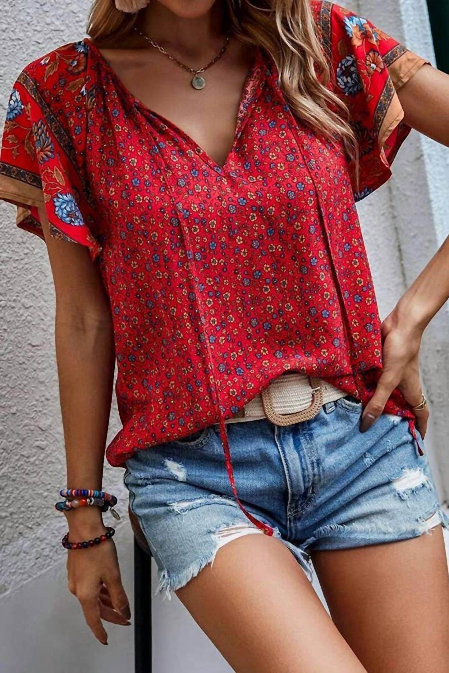 Comely Fashion - Floral Print V Neck Short Flare Sleeves Shirt - Rack Hunt -
