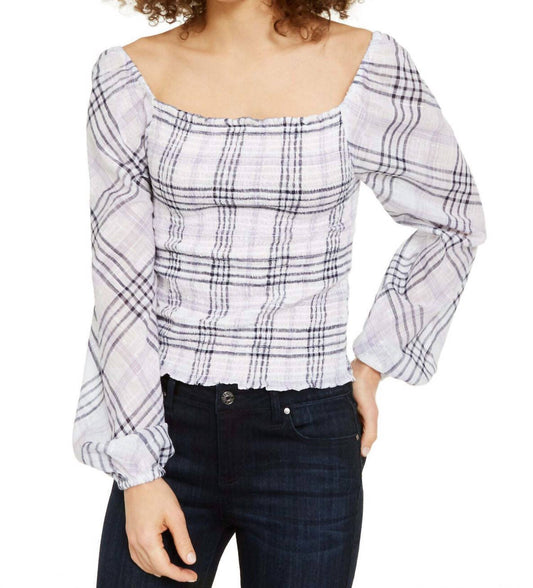Petite Metallic Plaid Smocked Top