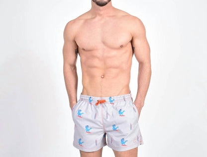 Surfing T-rex Print Swim Trunks