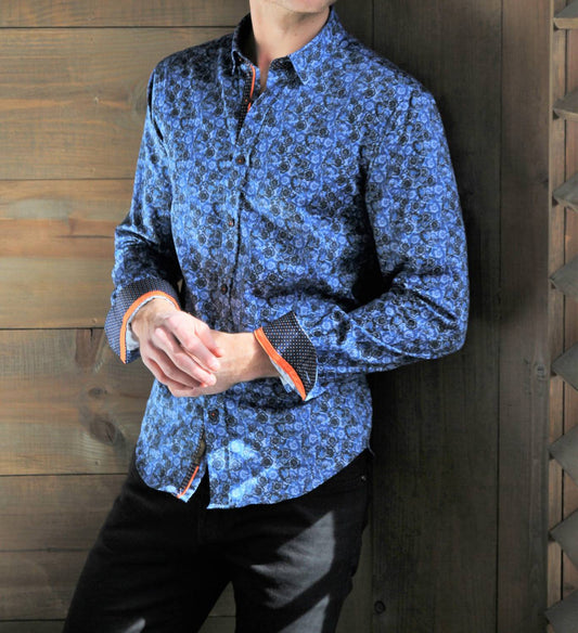Long Sleeve Button Down Paisley Print Shirt With Dot Trim