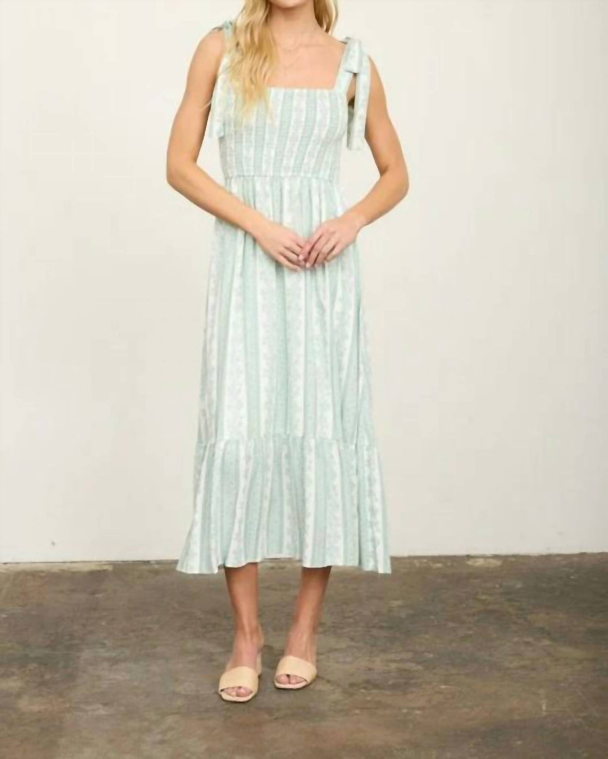 Stripe Floral Smocked Tie Strap Detail Midi Dress