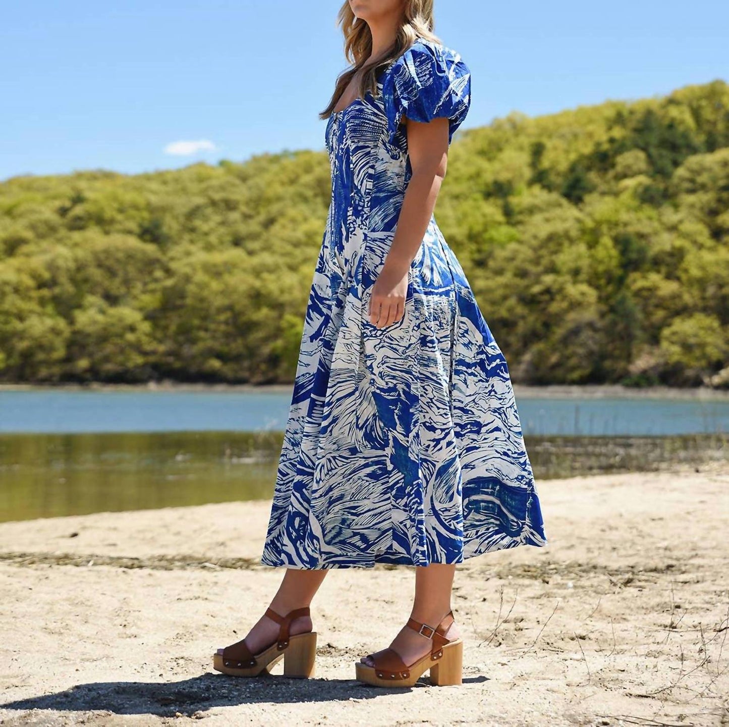 Printmaking Scoop Neck Cotton Midi Dress
