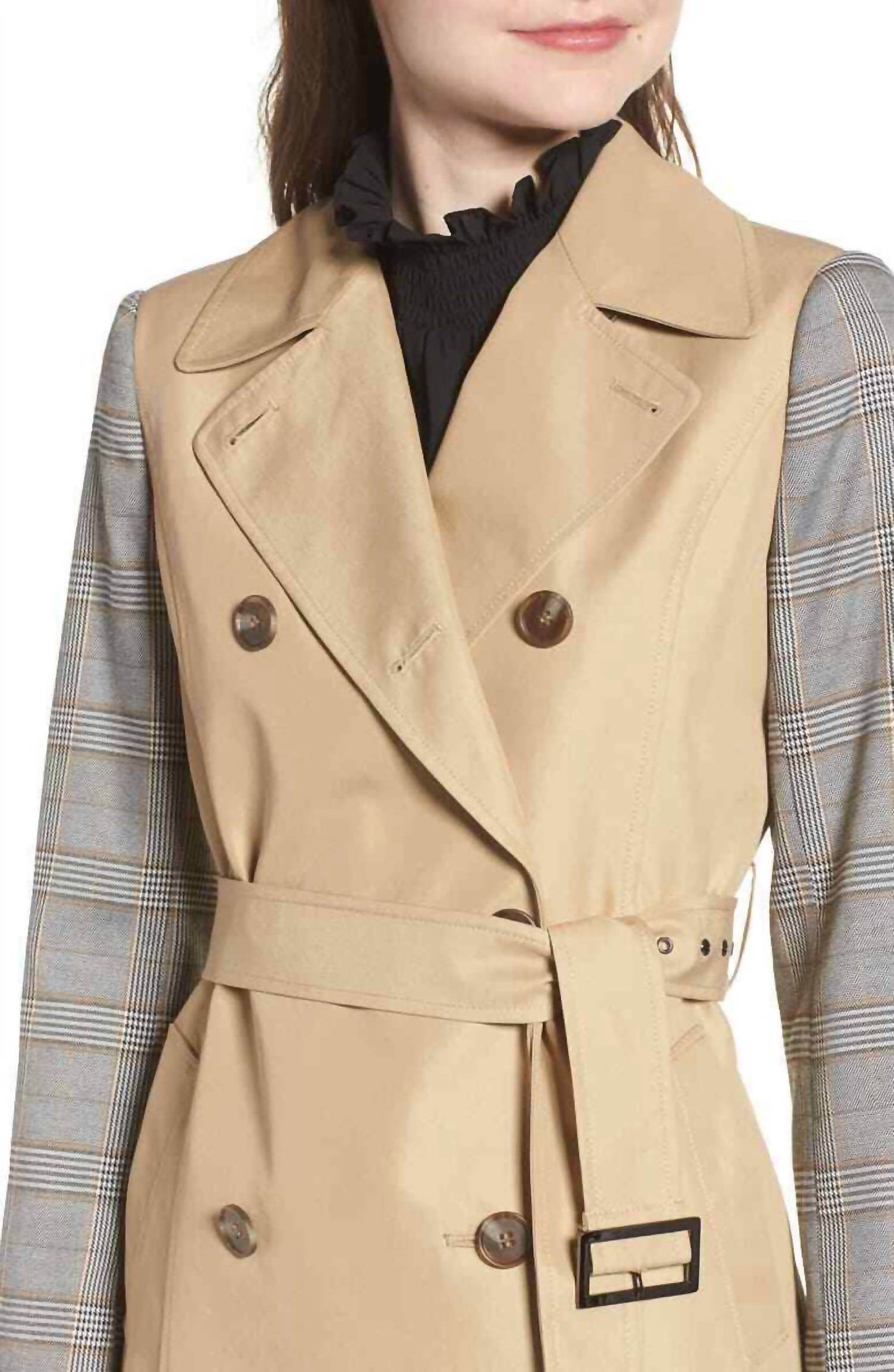 Mural - Plaid Sleeve Double Breasted Trench Jacket - Rack Hunt -