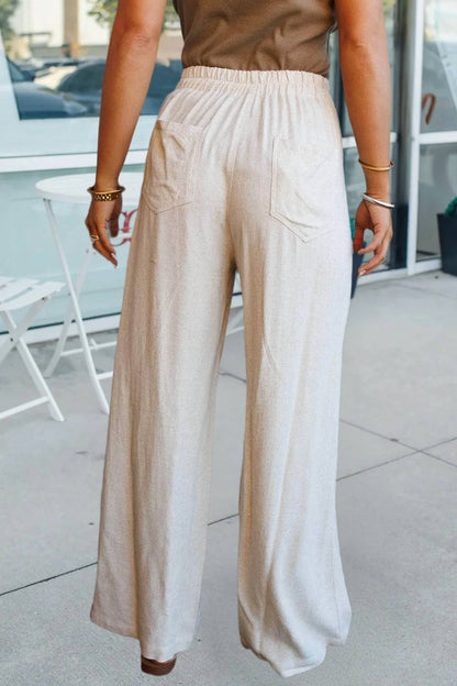 Elastic Waist Button Pleated Detail Wide Leg Pants