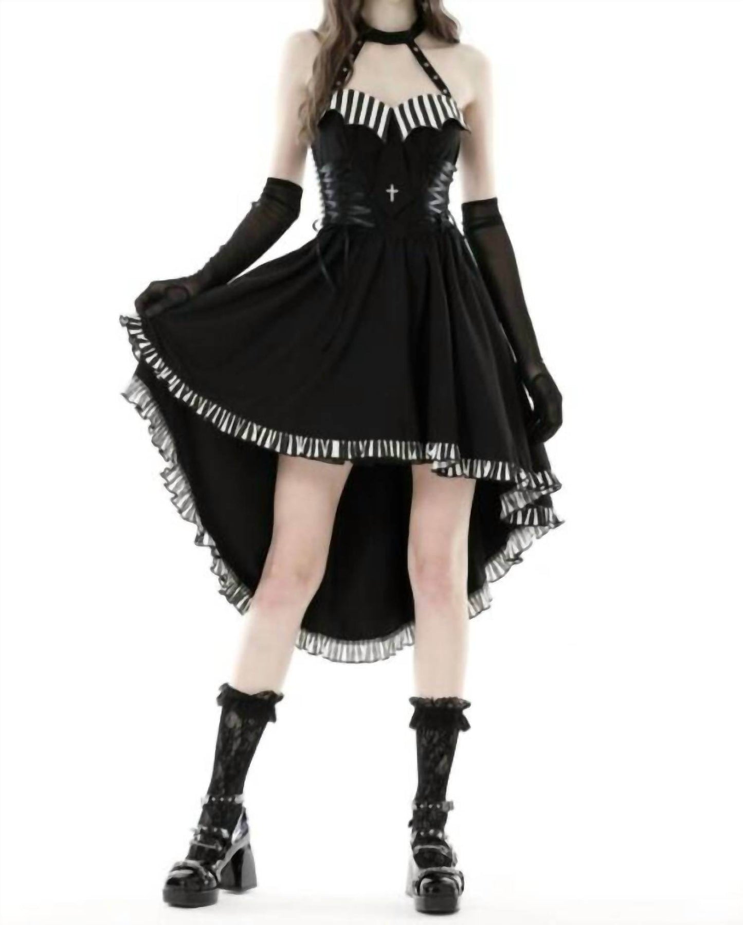 DARK IN LOVE - Cross Necktie Striped High Low Dress - Rack Hunt