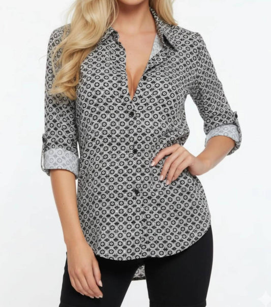 Collared Multi Print Button Down Top
