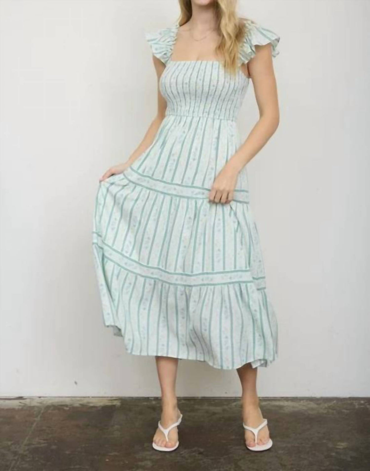 Stripe Floral Pattern Smocked Tiered Midi Dress