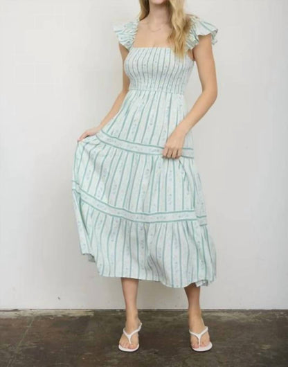 Stripe Floral Pattern Smocked Tiered Midi Dress