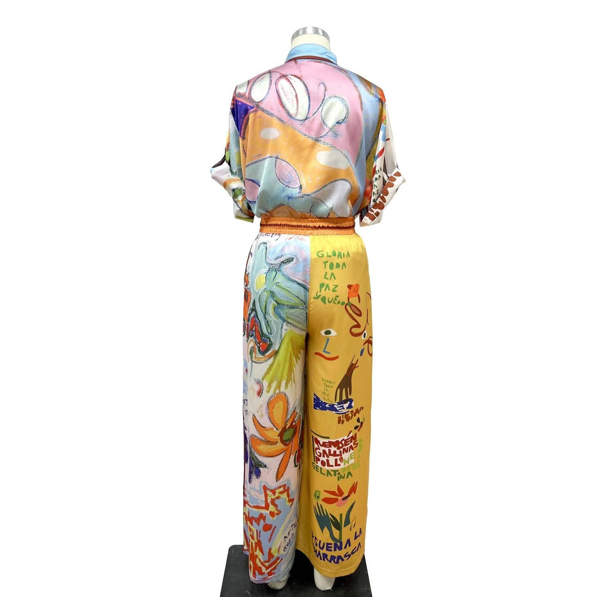 Women's Colorful Graphic Print Short Sleeve Top And Wide Leg Pants Set