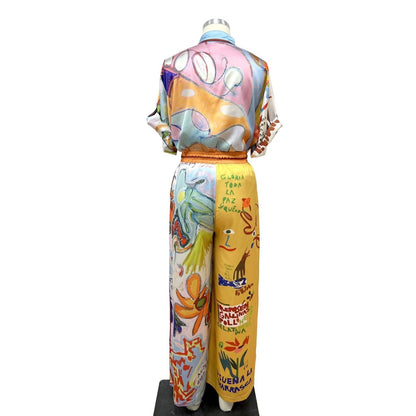 Women's Colorful Graphic Print Short Sleeve Top And Wide Leg Pants Set