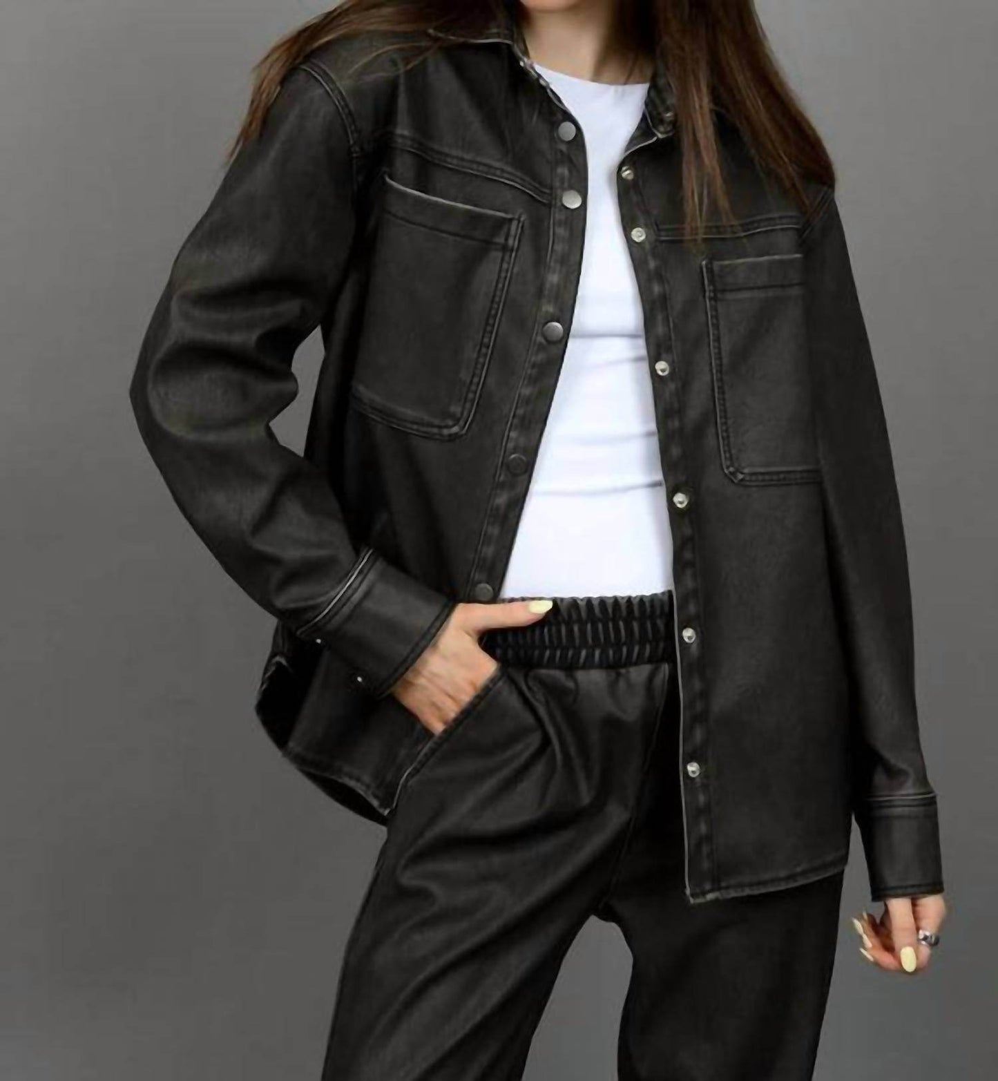 RD International - Aliska Distressed Faux Leather Snap Front Shirt - Rack Hunt -