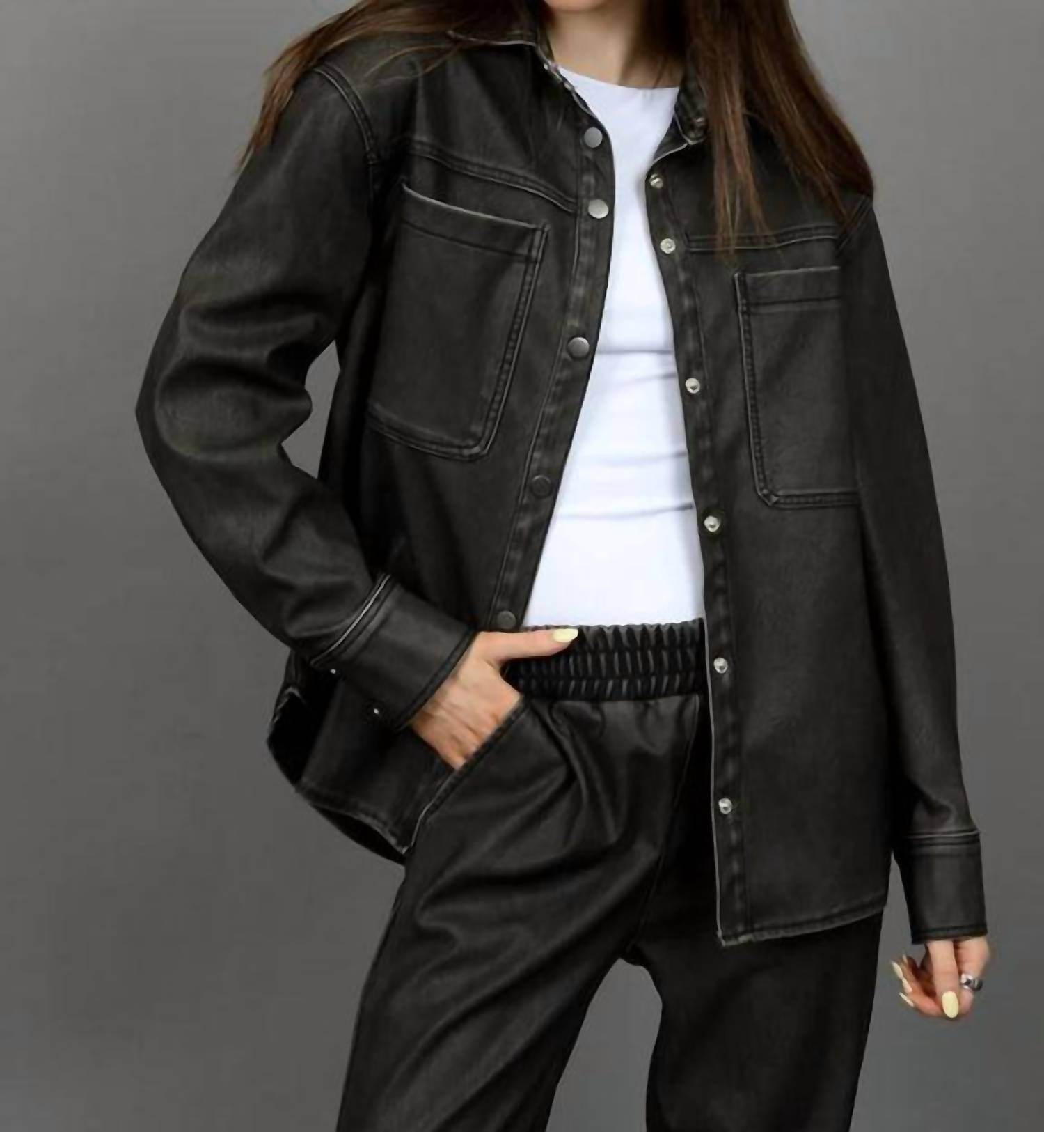 RD International - Aliska Distressed Faux Leather Snap Front Shirt - Rack Hunt -