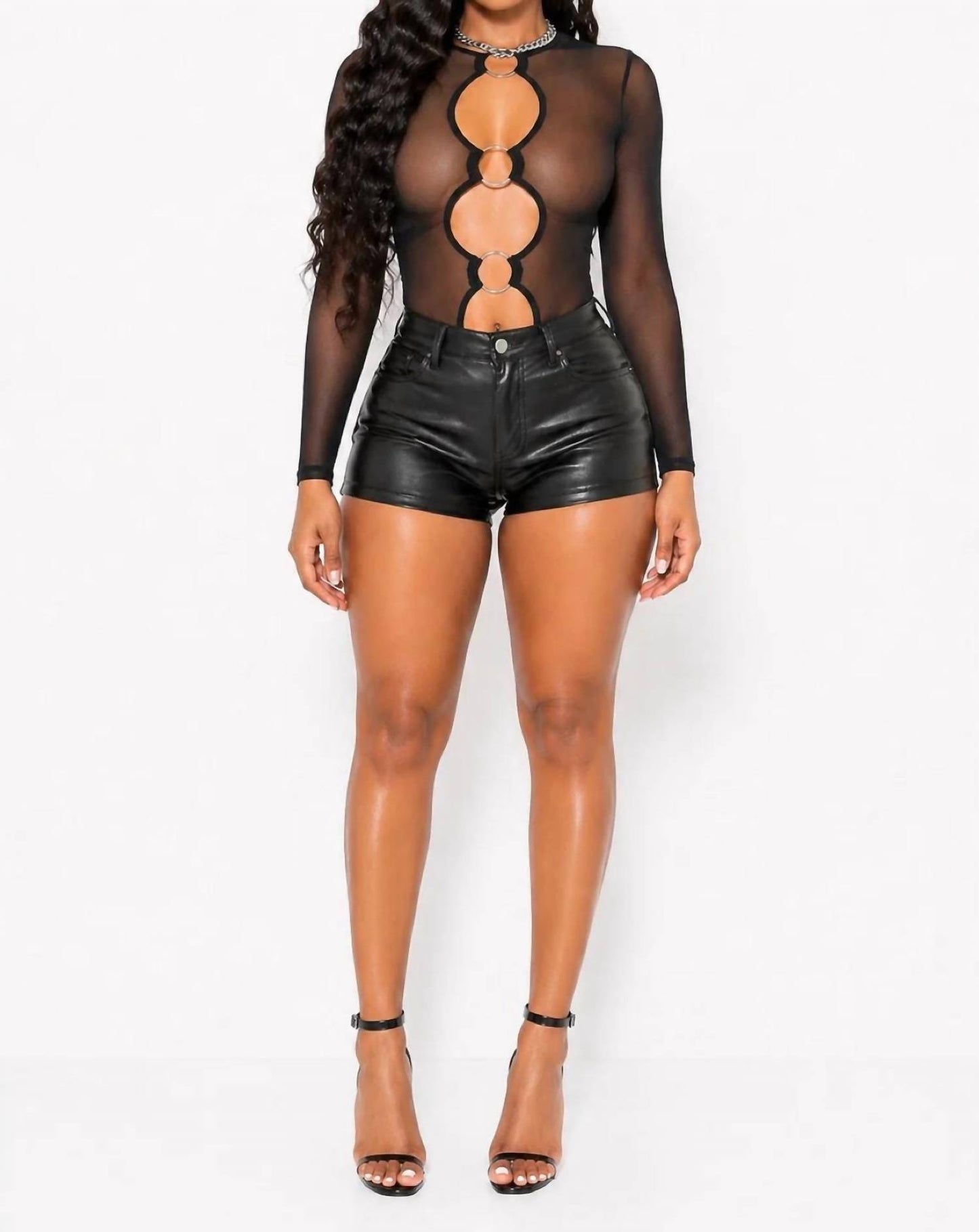 Take Notice Mesh Bodysuit Front Ring Detail Cut Out Top