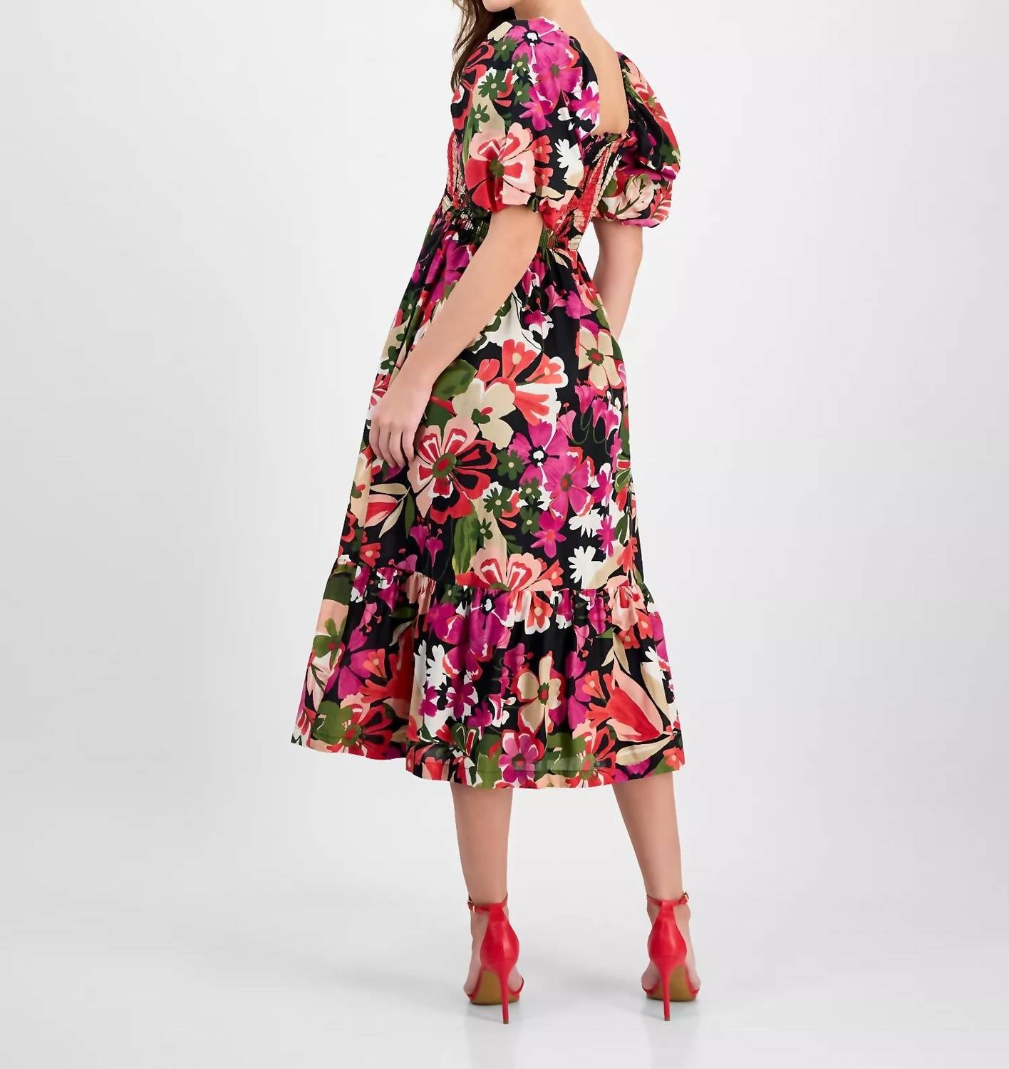 Women's Smocked Puff-sleeve Midi Dress
