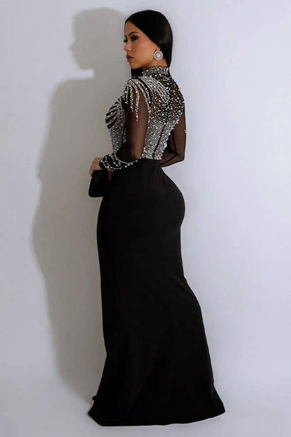 Embellished Mesh High-Slit Maxi Dress