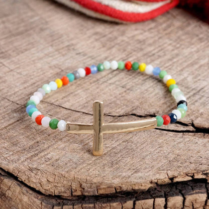 Women's Minimal Sideways Cross Bracelet With Glass Beads