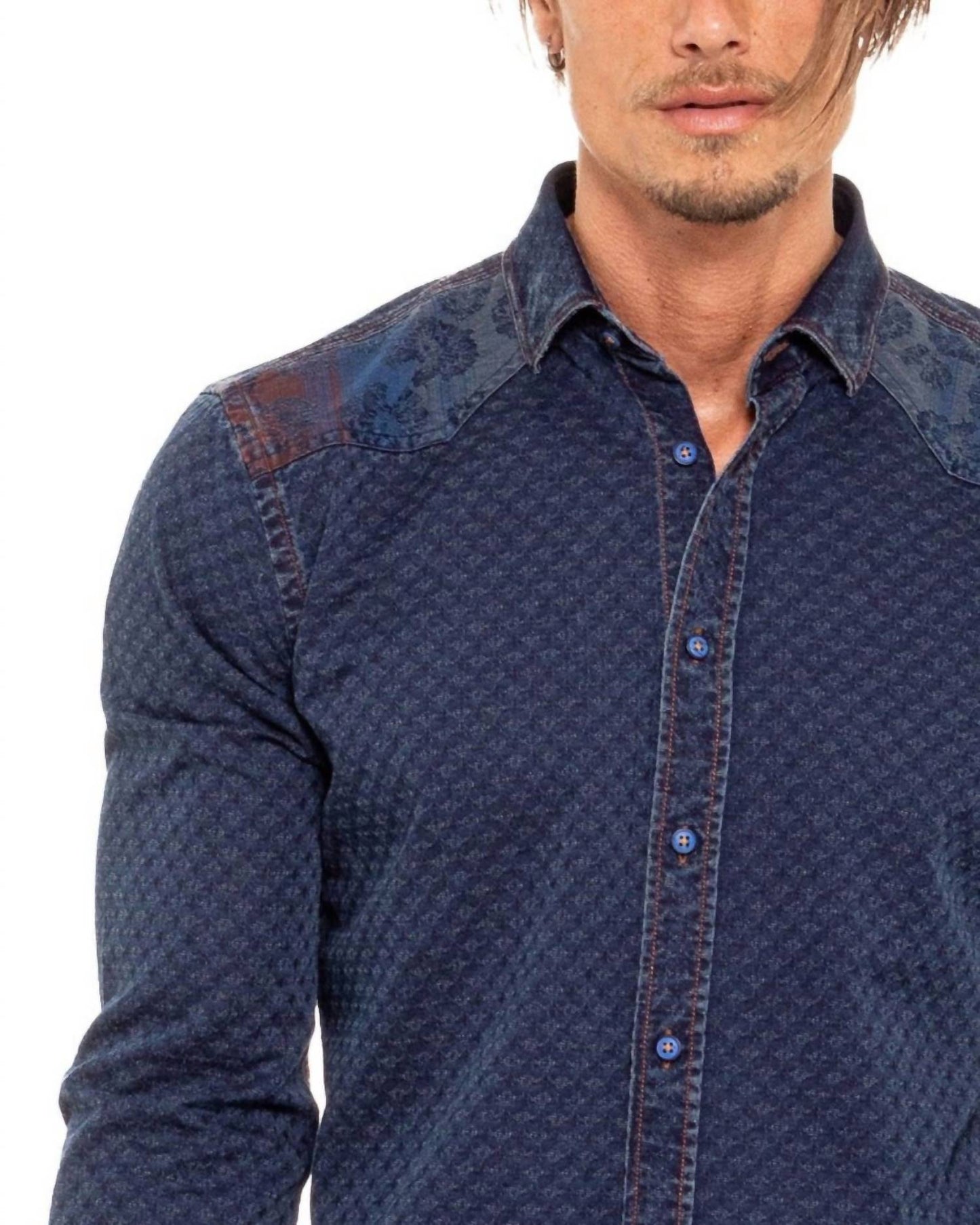 Copper Stitch Denim Button Down Shirt