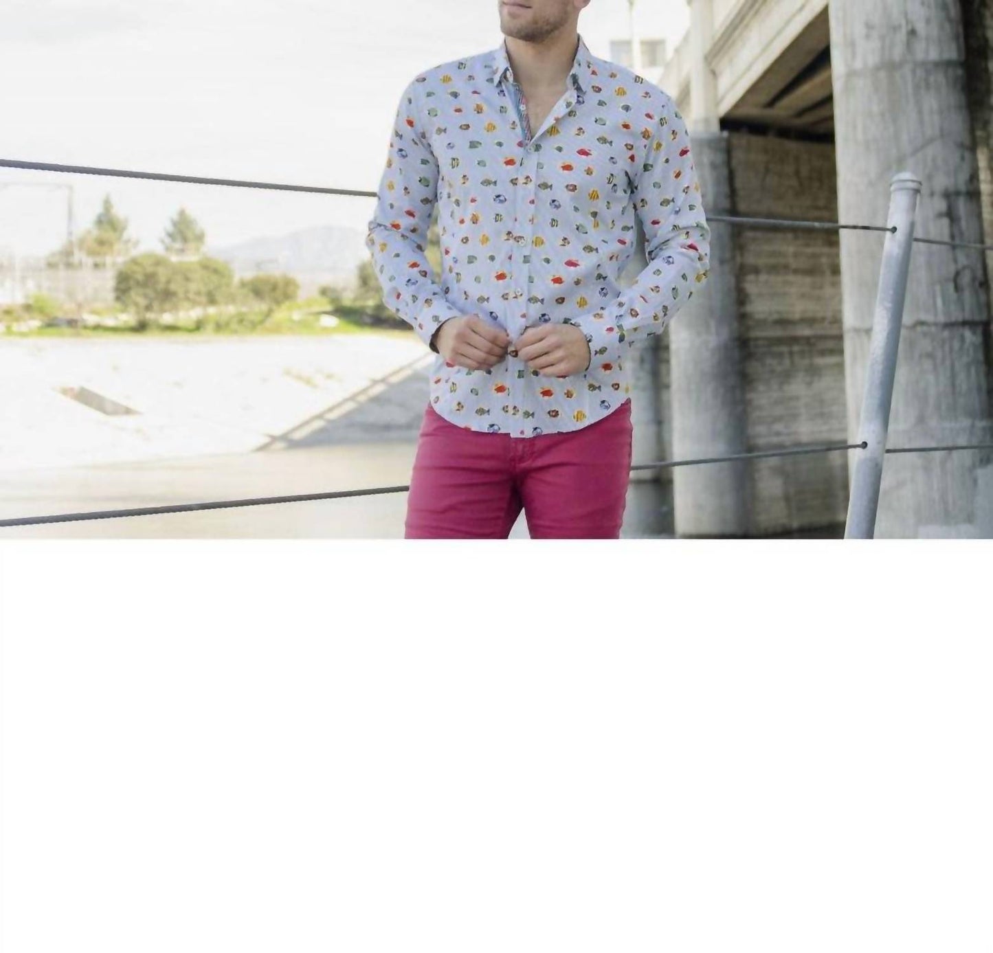 Stripe Button Down Shirt With Tropical Fish