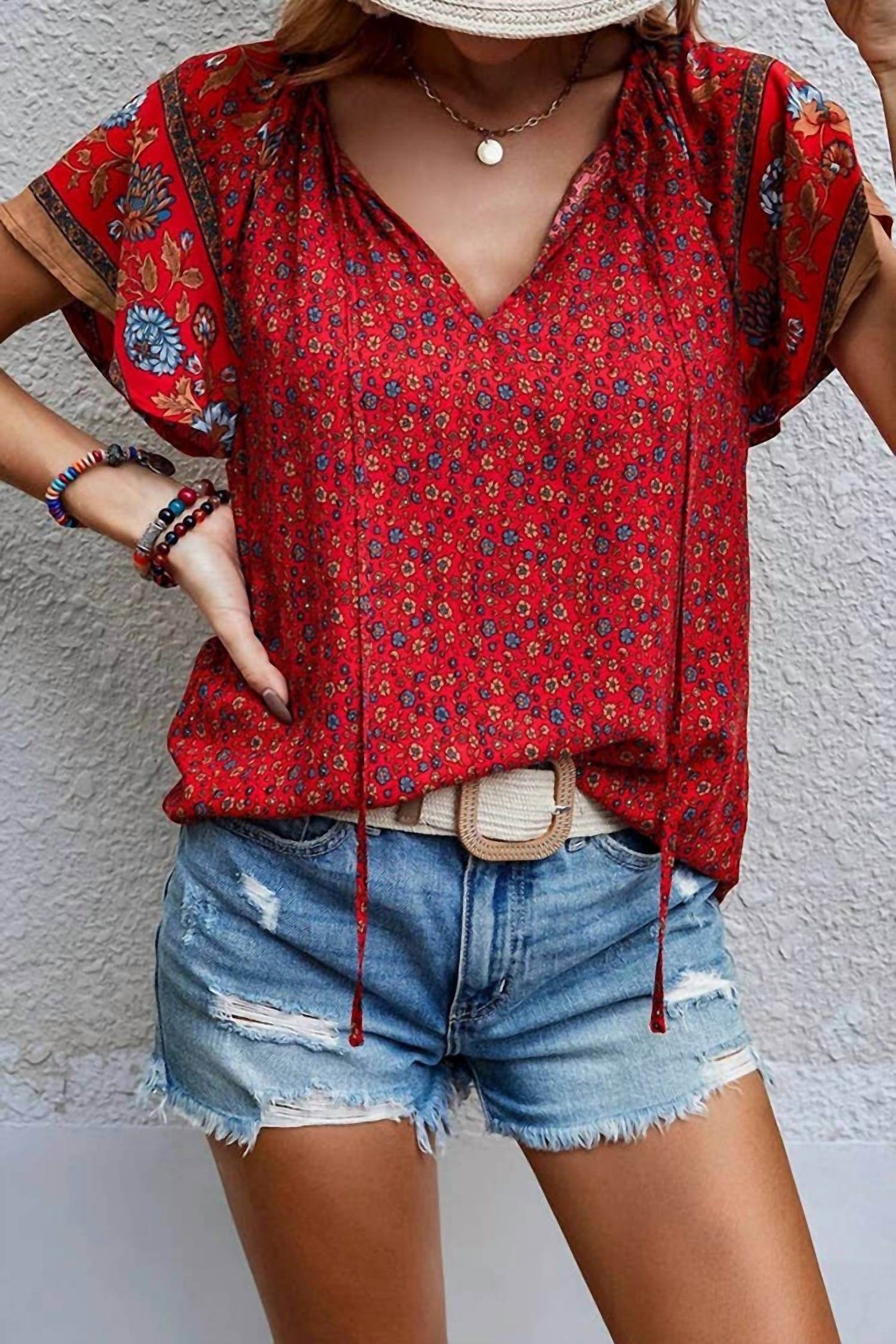 Comely Fashion - Floral Print V Neck Short Flare Sleeves Shirt - Rack Hunt -