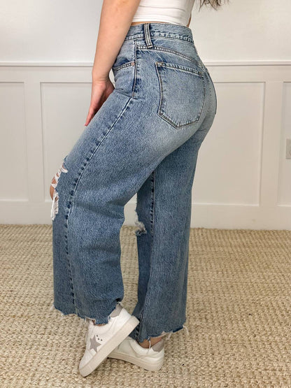 Peyton Distressed High-rise Fray Wide Leg Cropped Jeans