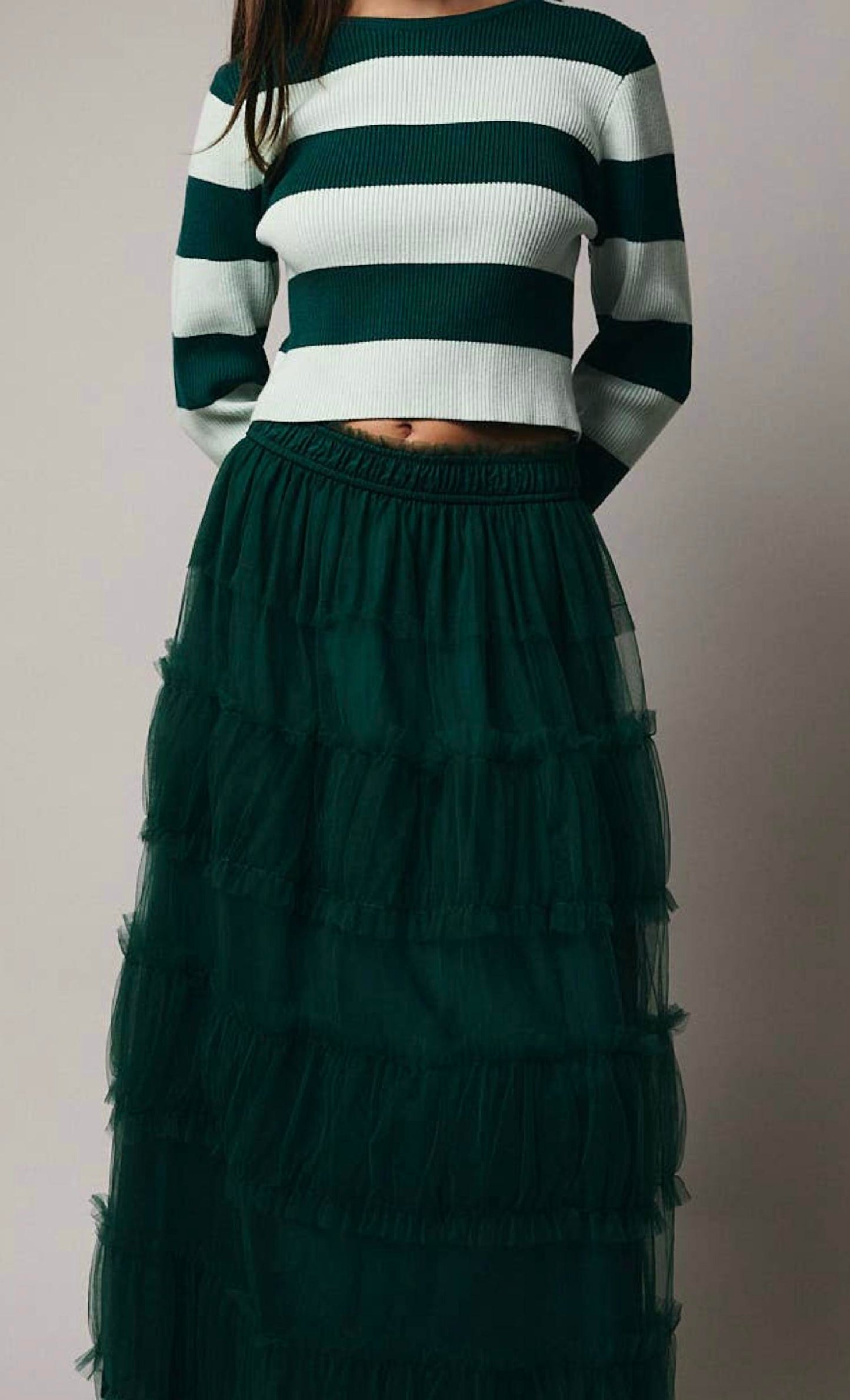 Frilled Tiered Mesh A-Line Midi Skirt