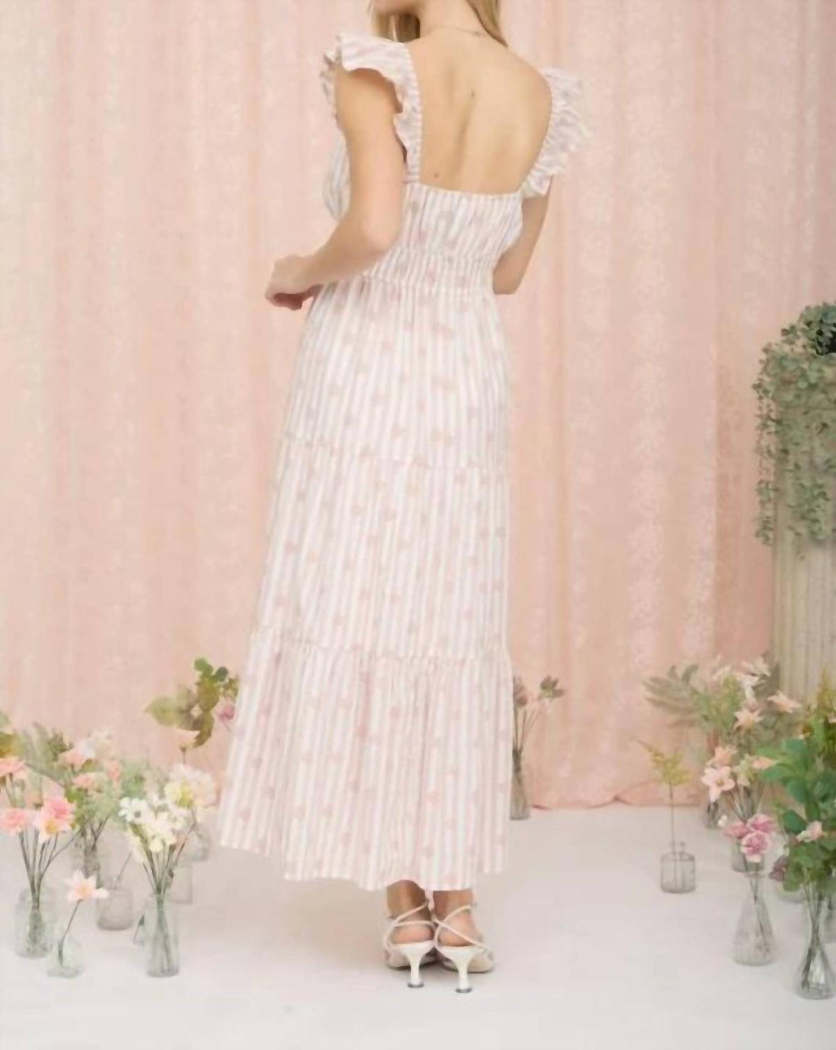 Stripe Floral Flounce Strap Tiered Midi Dress