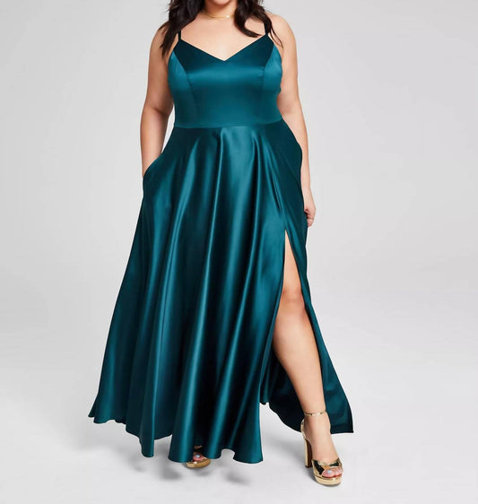 Plus Size Satin Sleeveless Front-slit Gown