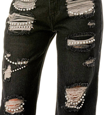 Ripped Jeans With Pearls Embellished