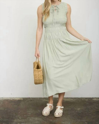 Front Tie Smocked Sleeveless Shirred Midi Dress