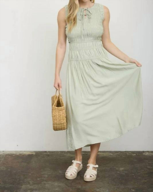 Front Tie Smocked Sleeveless Shirred Midi Dress