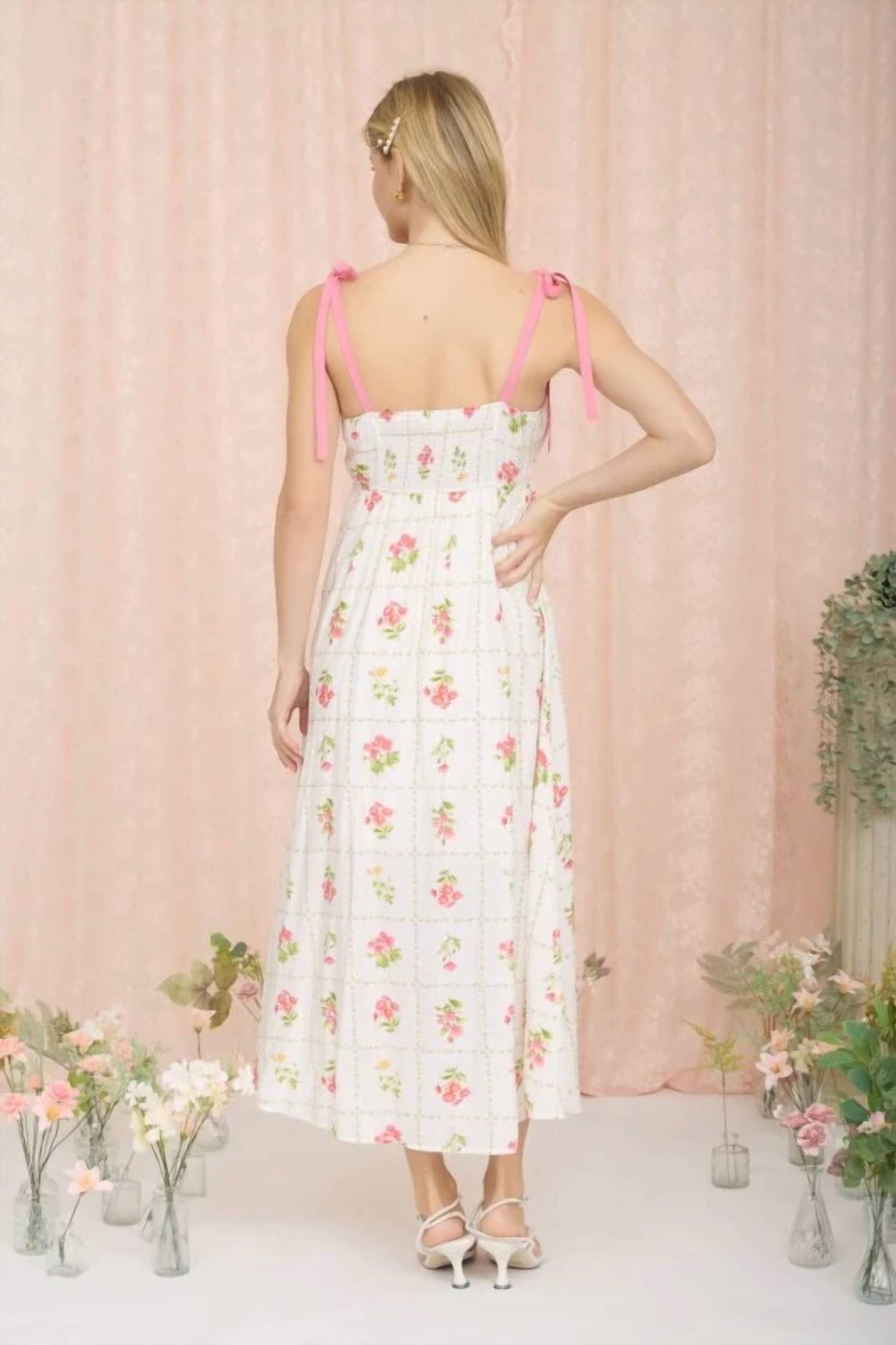 Floral Tile Pattern Scalloped Tie Strap Midi Dress