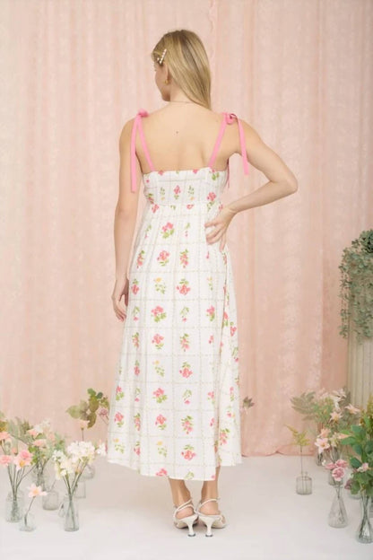 Floral Tile Pattern Scalloped Tie Strap Midi Dress