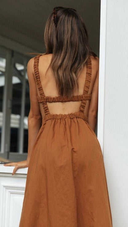 Elastic Strap Back Sleeveless Midi Dress