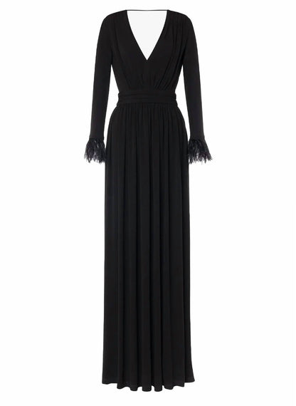 Organza V-Neck Gown with Ostrich Feathers