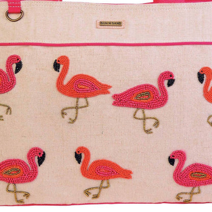 Women's Beaded Flamingo Shoulder Tote Bag