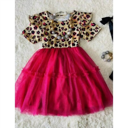 Lulu Clothes - Girl's Leopard Print Ruffle Sleeve Dress With Hot Pink Tulle Skirt - Rack Hunt